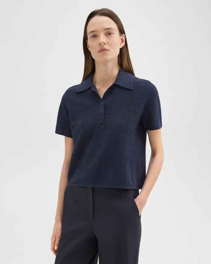 Women Sweaters Cardigans Theory Cropped Polo In LinenViscose Nocturne Navy