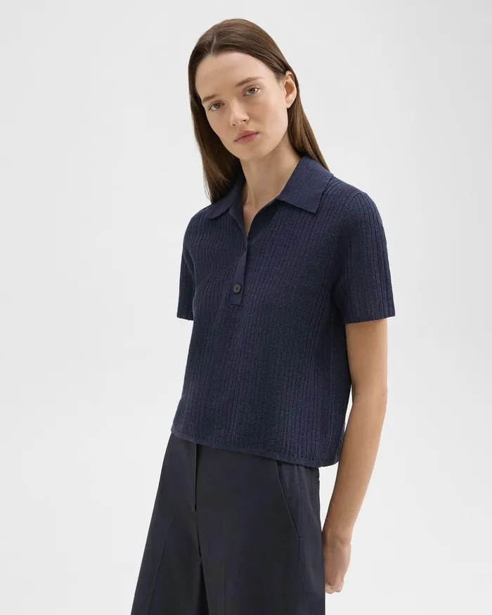 Women Sweaters Cardigans Theory Cropped Polo In LinenViscose Nocturne Navy