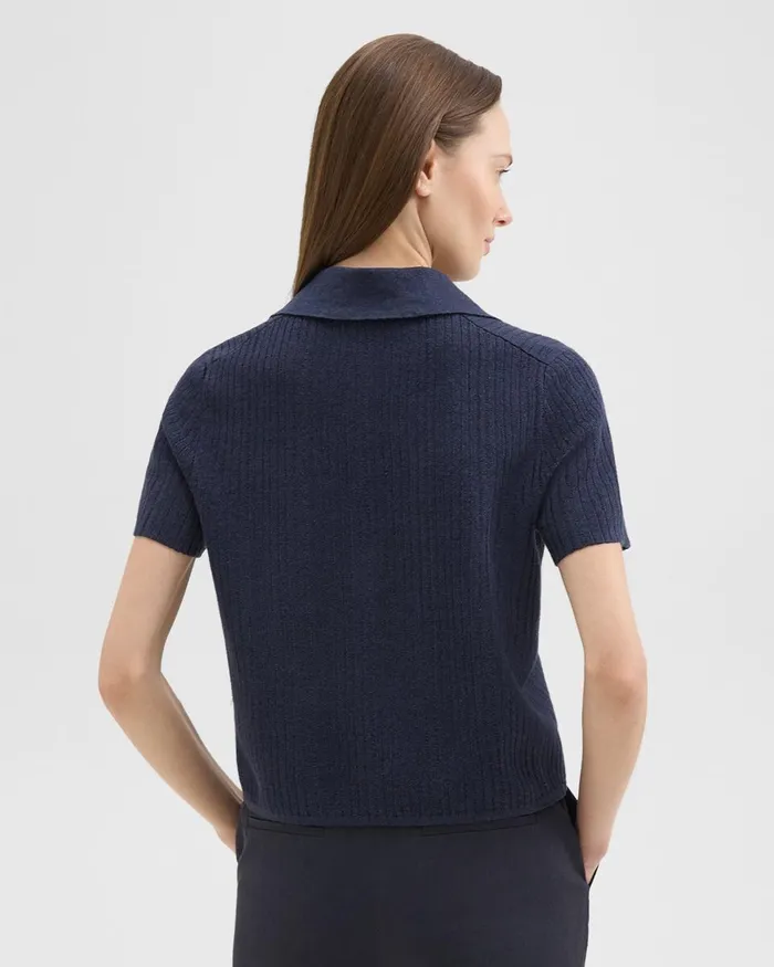 Women Sweaters Cardigans Theory Cropped Polo In LinenViscose Nocturne Navy