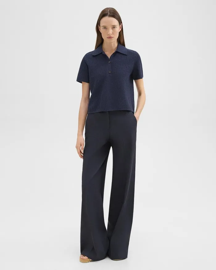 Women Sweaters Cardigans Theory Cropped Polo In LinenViscose Nocturne Navy