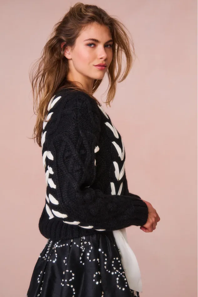 Women Sweaters LoveShackFancy Parson AlpacaBlend Ribbon Pullover Midnight Noel Women Sweaters LoveShackFancy Parson AlpacaBlend Ribbon Pullover Midnight Noel