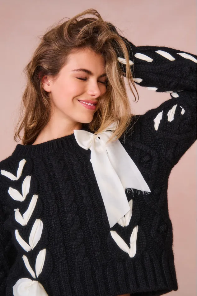 Women Sweaters LoveShackFancy Parson AlpacaBlend Ribbon Pullover Midnight Noel Women Sweaters LoveShackFancy Parson AlpacaBlend Ribbon Pullover Midnight Noel