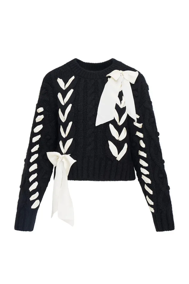 Women Sweaters LoveShackFancy Parson AlpacaBlend Ribbon Pullover Midnight Noel Women Sweaters LoveShackFancy Parson AlpacaBlend Ribbon Pullover Midnight Noel