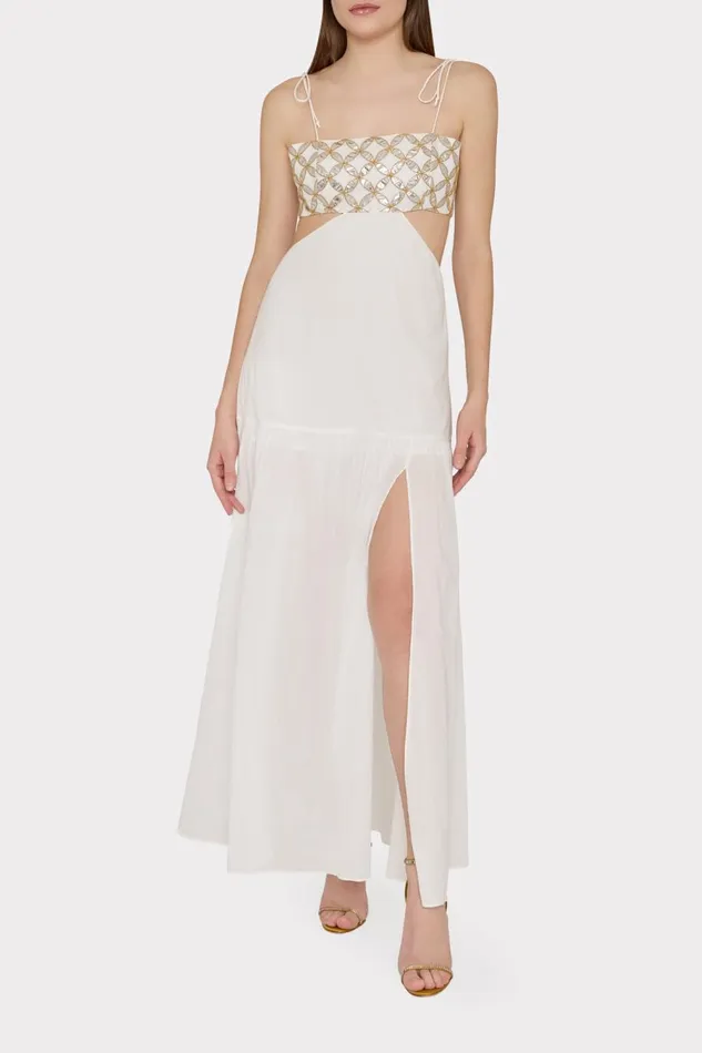 Women Swim and Coverups Milly Atalia Mirrored Embroidery Maxi CoverUp Dress Whitegold