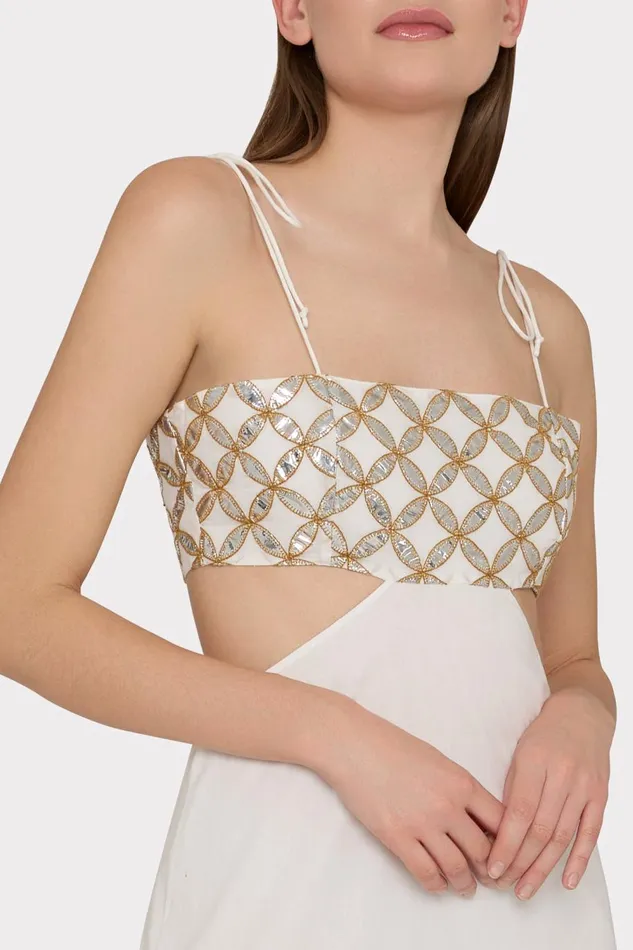 Women Swim and Coverups Milly Atalia Mirrored Embroidery Maxi CoverUp Dress Whitegold
