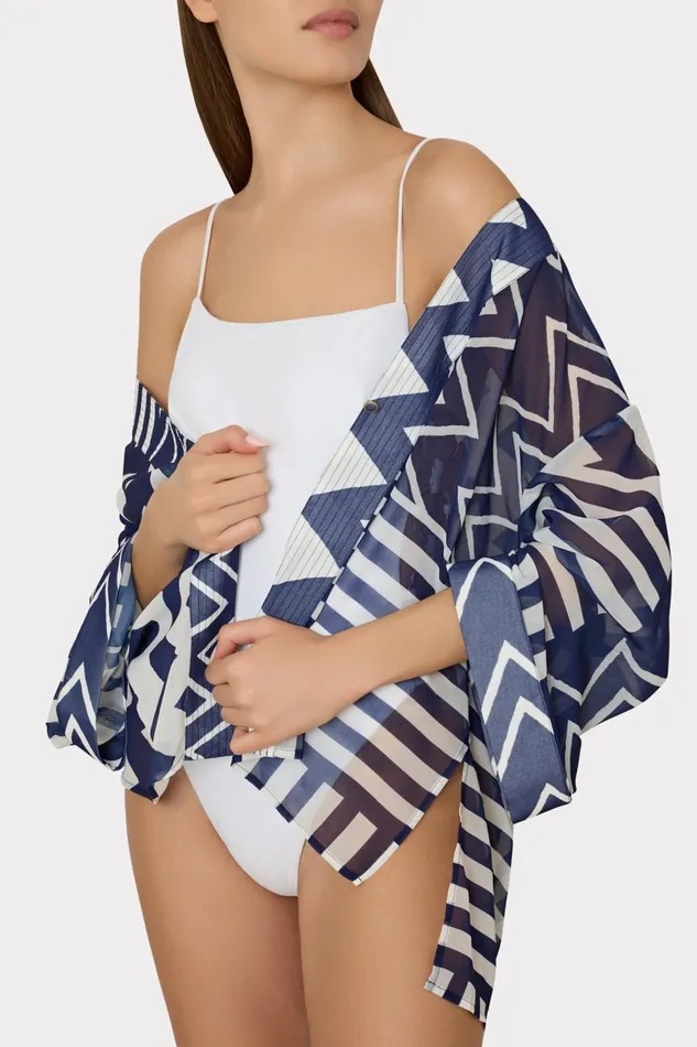 Women Swim and Coverups Milly Patchwork Chevron Top Bluewhite