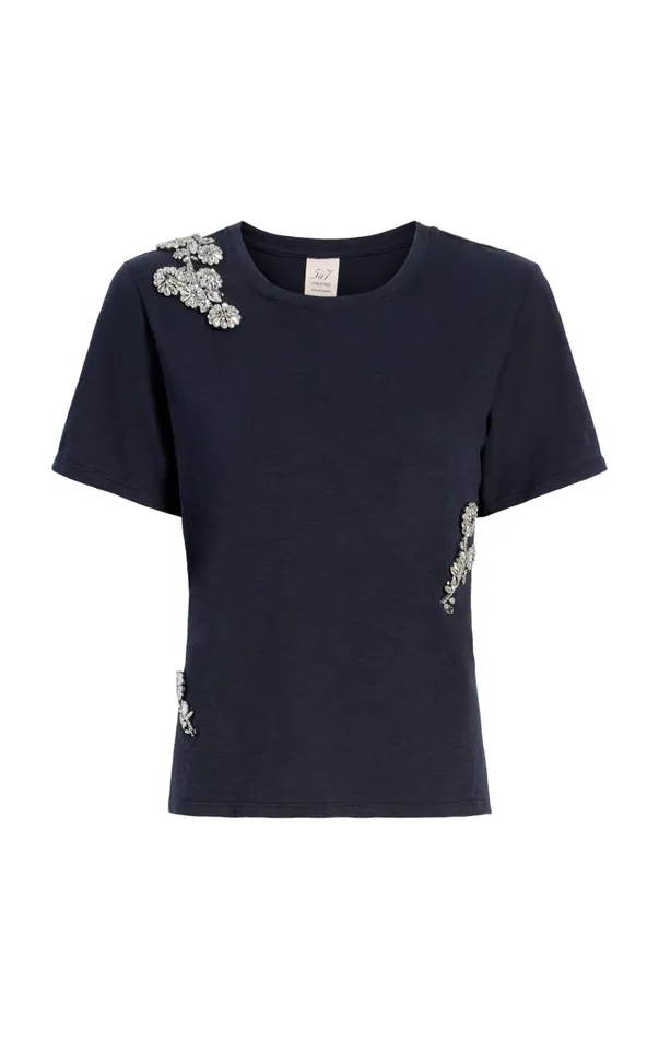 Women Tees and Pullovers Cinq Sept Crystal Chrysanthemum Shrunken Tee Navy