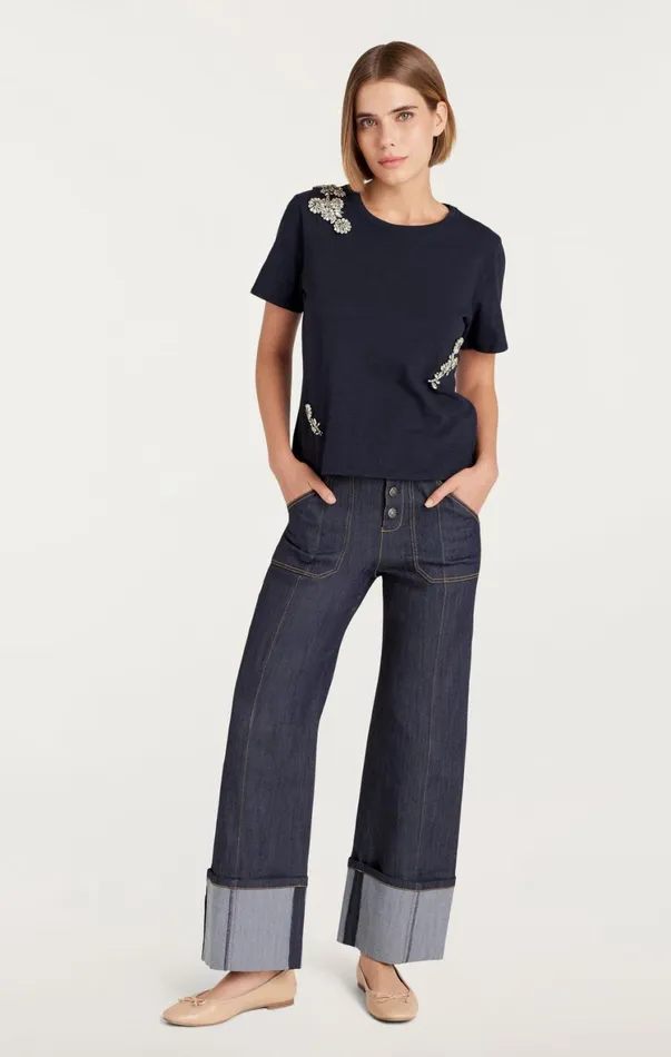 Women Tees and Pullovers Cinq Sept Crystal Chrysanthemum Shrunken Tee Navy