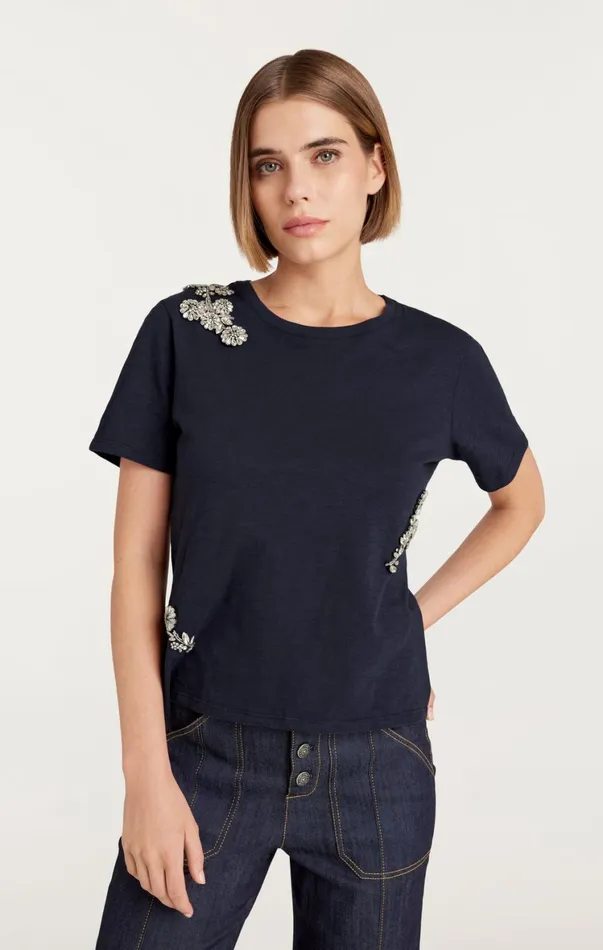 Women Tees and Pullovers Cinq Sept Crystal Chrysanthemum Shrunken Tee Navy