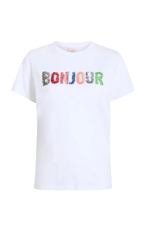 Women Tees and Pullovers Cinq Sept Pailette Applique Bonjour Tee Whitemulti