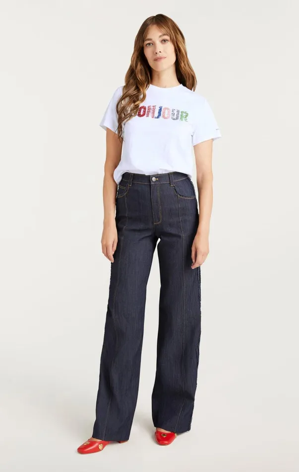 Women Tees and Pullovers Cinq Sept Pailette Applique Bonjour Tee Whitemulti