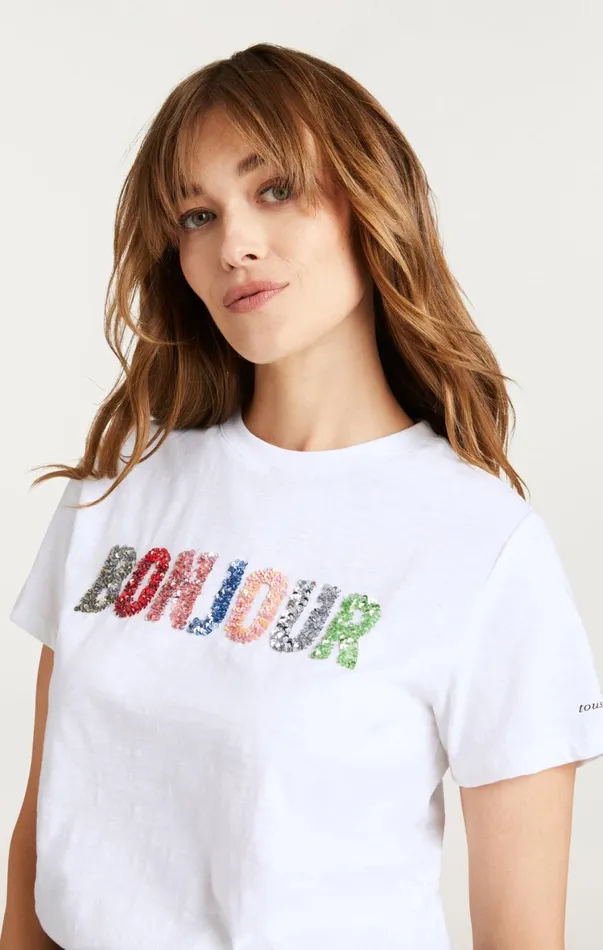 Women Tees and Pullovers Cinq Sept Pailette Applique Bonjour Tee Whitemulti