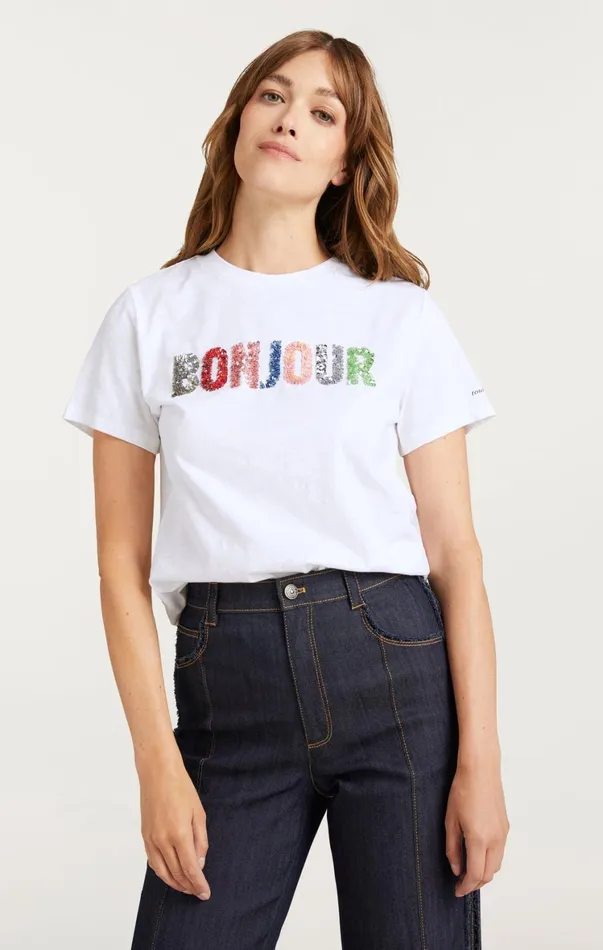 Women Tees and Pullovers Cinq Sept Pailette Applique Bonjour Tee Whitemulti
