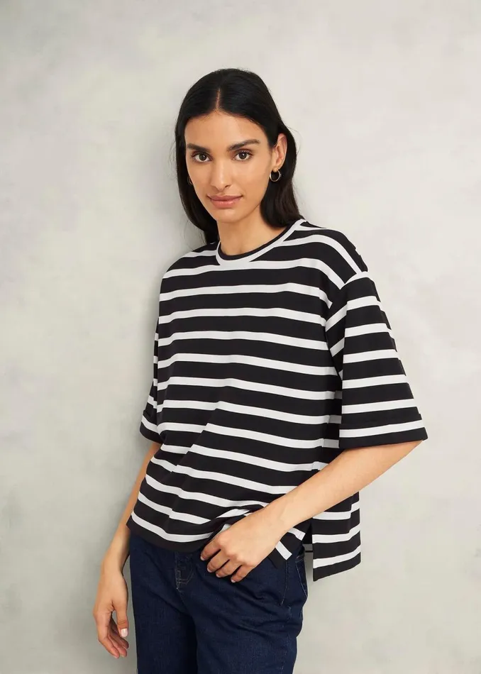 Women Tops Hobbs Holland Stripe TShirt Black Ivory