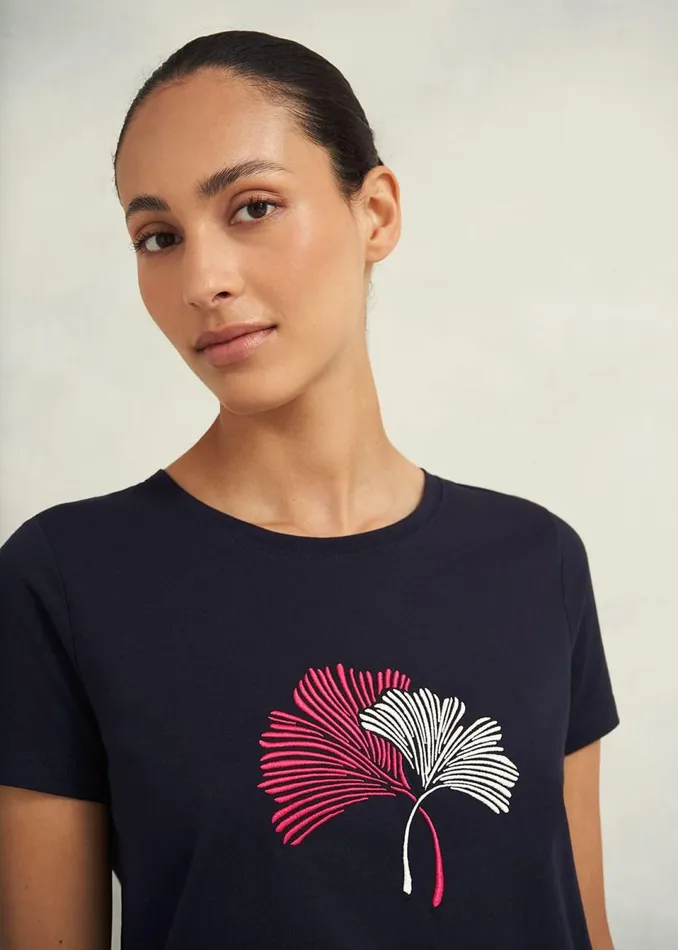 Women Tops Hobbs Pixie Cotton Embroidered TShirt Hobbs Navy