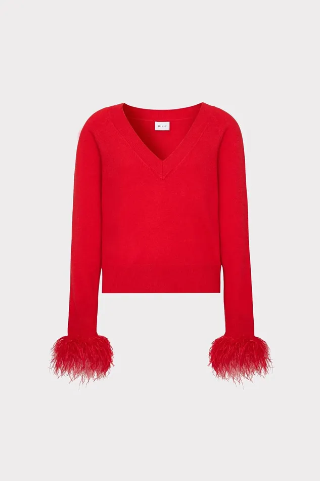 Women Tops Milly Feather Cuff VNeck Sweater Red