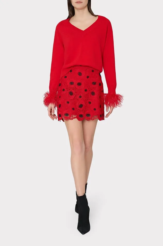 Women Tops Milly Feather Cuff VNeck Sweater Red Women Tops Milly Feather Cuff VNeck Sweater Red