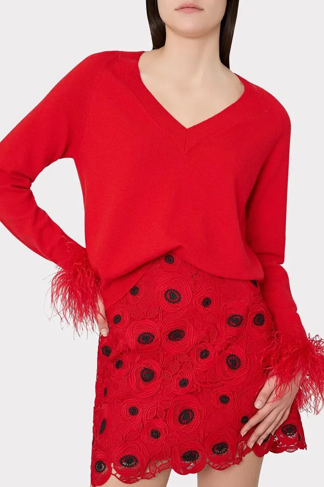 Women Tops Milly Feather Cuff VNeck Sweater Red Women Tops Milly Feather Cuff VNeck Sweater Red