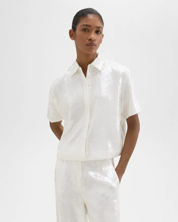Women Tops Theory Cropped ShortSleeve Shirt In Recycled Sequins White