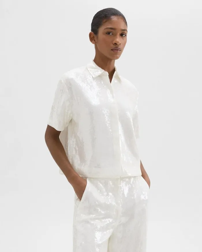Women Tops Theory Cropped ShortSleeve Shirt In Recycled Sequins White