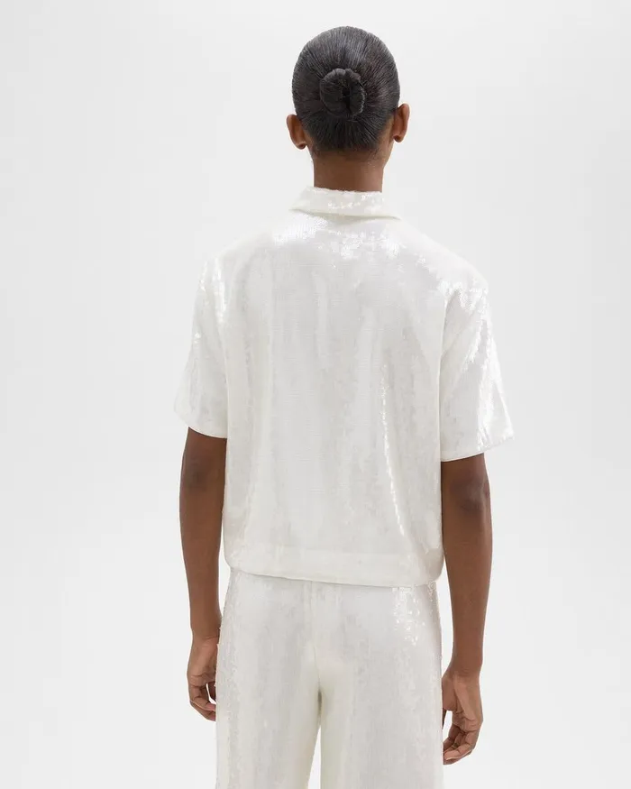 Women Tops Theory Cropped ShortSleeve Shirt In Recycled Sequins White