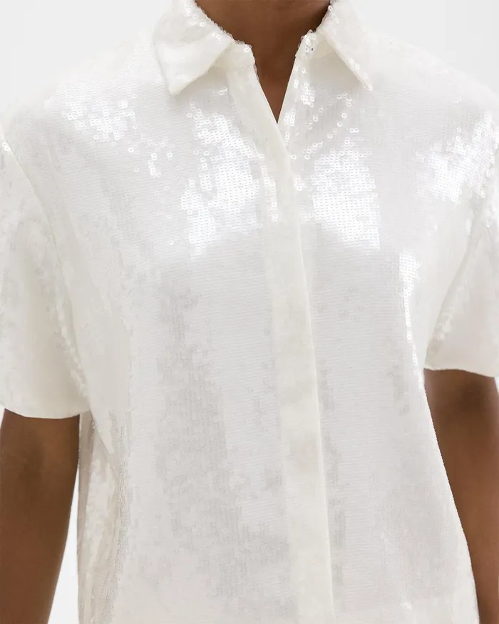 Women Tops Theory Cropped ShortSleeve Shirt In Recycled Sequins White