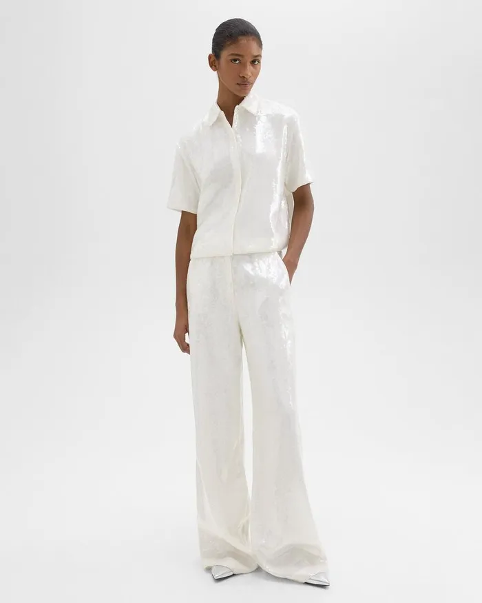 Women Tops Theory Cropped ShortSleeve Shirt In Recycled Sequins White