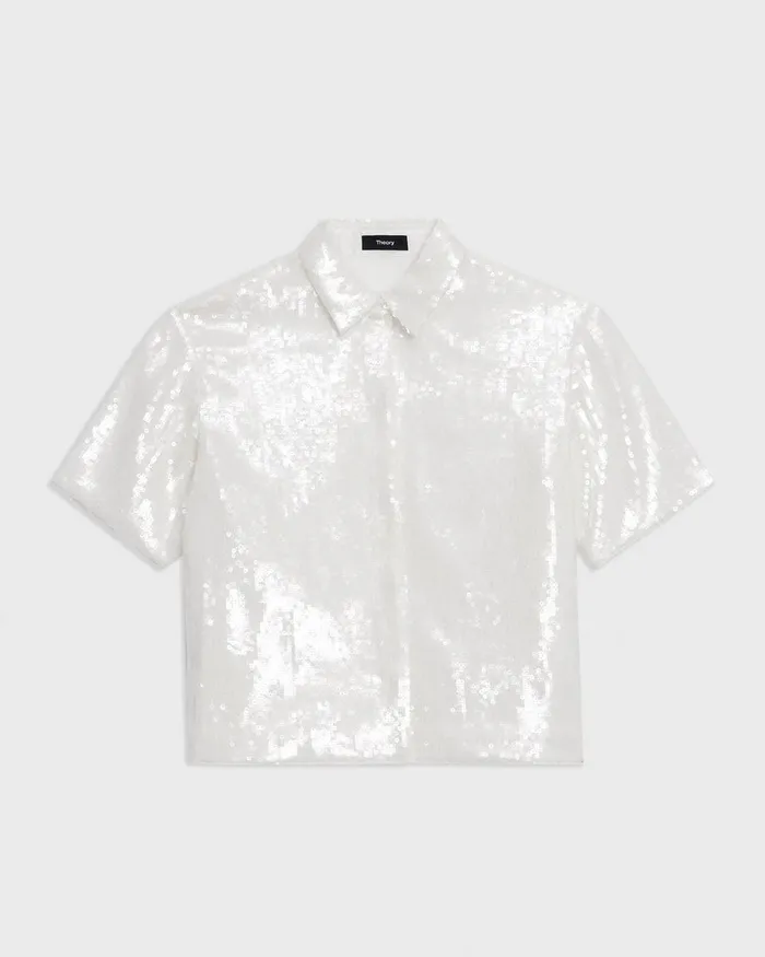 Women Tops Theory Cropped ShortSleeve Shirt In Recycled Sequins White