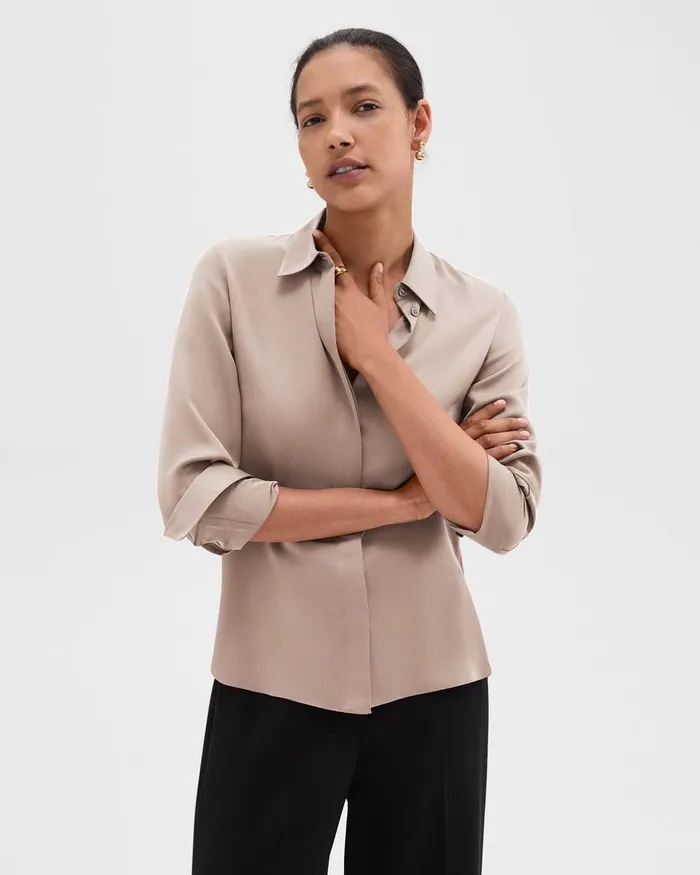 Women Tops Theory Fitted Shirt In Silk Georgette Cinder