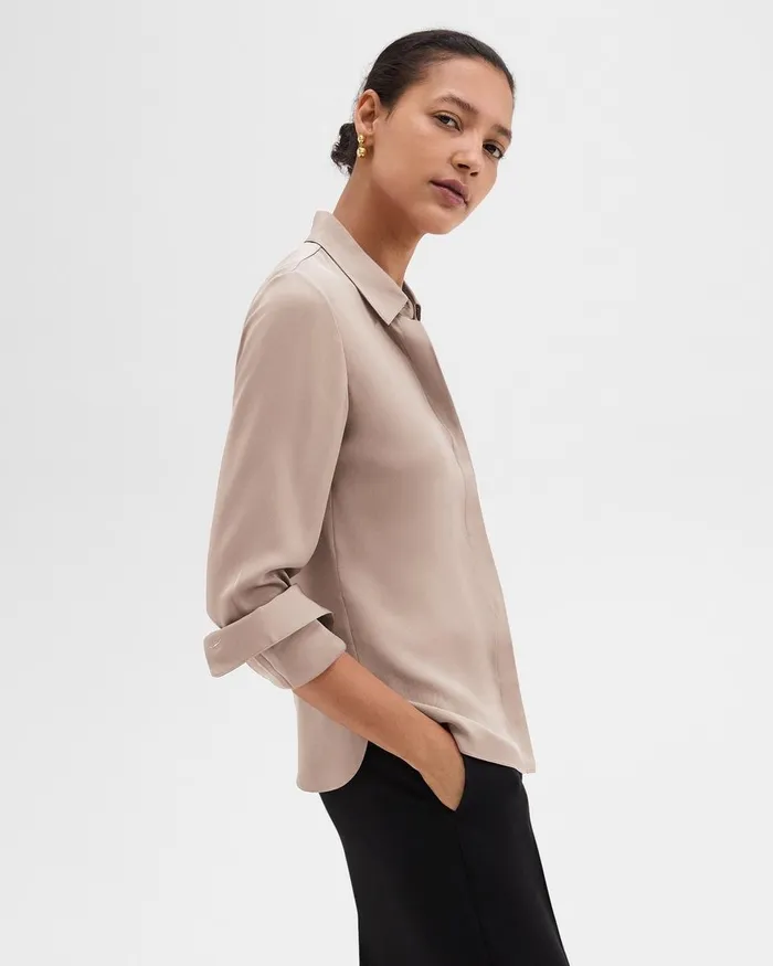 Women Tops Theory Fitted Shirt In Silk Georgette Cinder