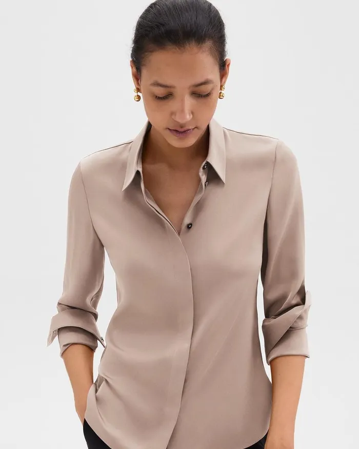 Women Tops Theory Fitted Shirt In Silk Georgette Cinder