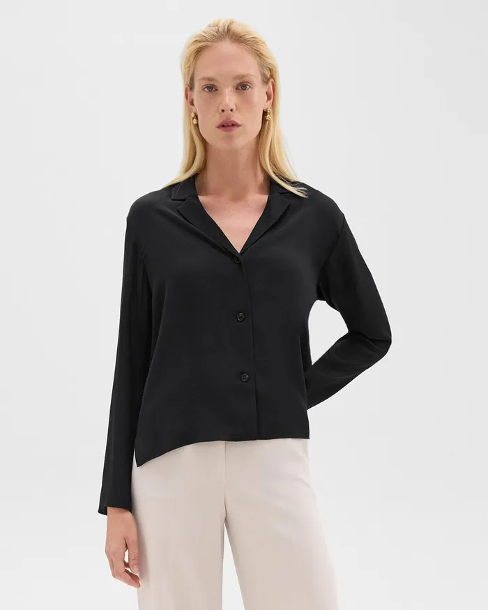 Women Tops Theory Notched Lapel Blouse In Silk Georgette Black