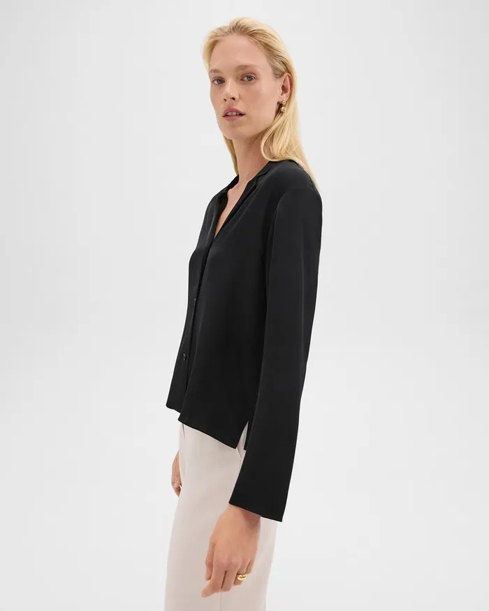 Women Tops Theory Notched Lapel Blouse In Silk Georgette Black