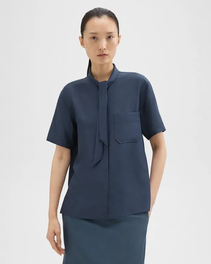 Women Tops Theory Tie Neck Silk Shirt Eclipse