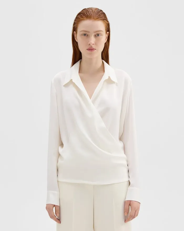 Women Tops Theory Wrap Blouse In Silk Georgette Ivory