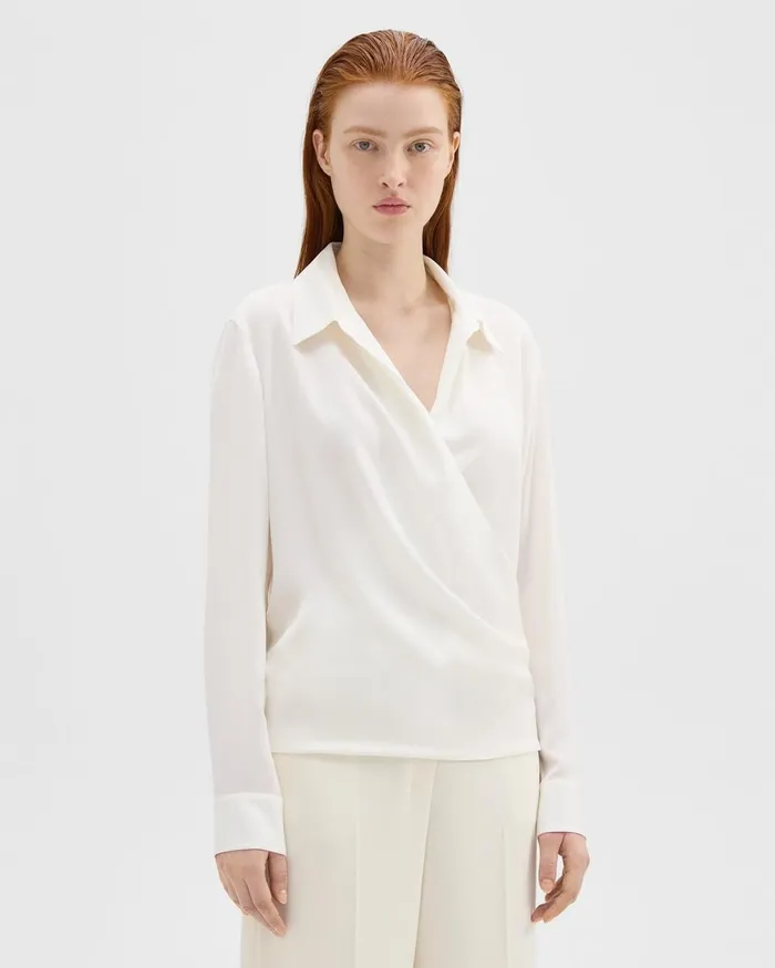 Women Tops Theory Wrap Blouse In Silk Georgette Ivory
