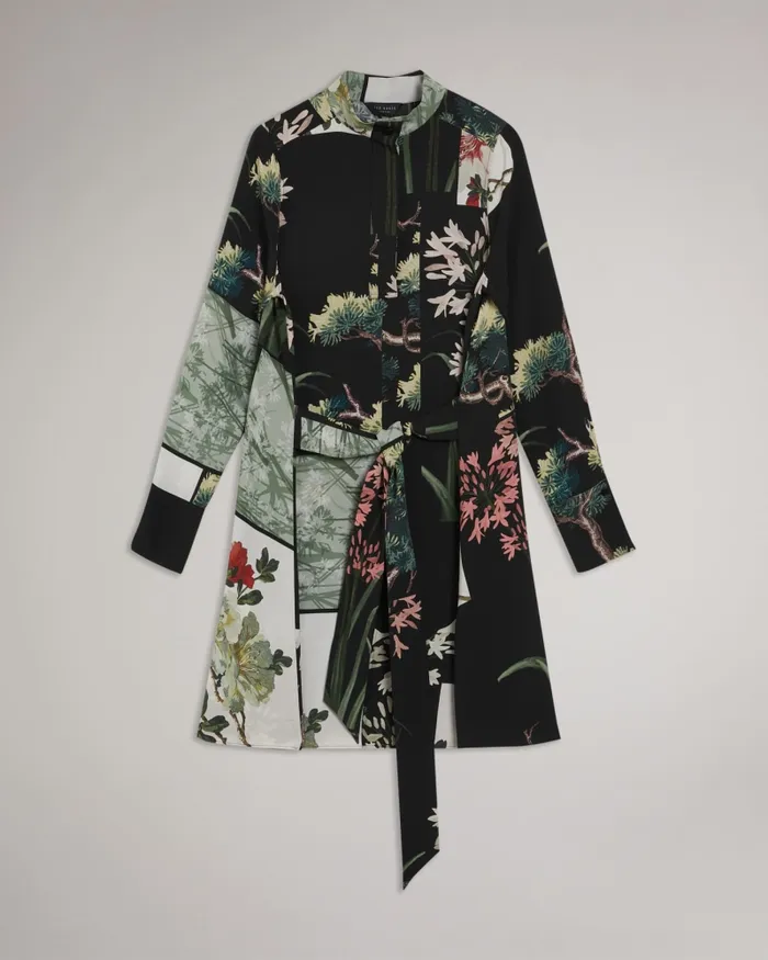 Women WINNIEH 8211 Print Tie Waist Mini Shirt Dress Black Ted Baker Dresses
