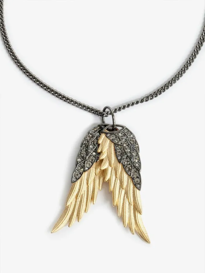 Women Zadig and Voltaire Jewelry Rock Feather Pendant Necklace Old Gold