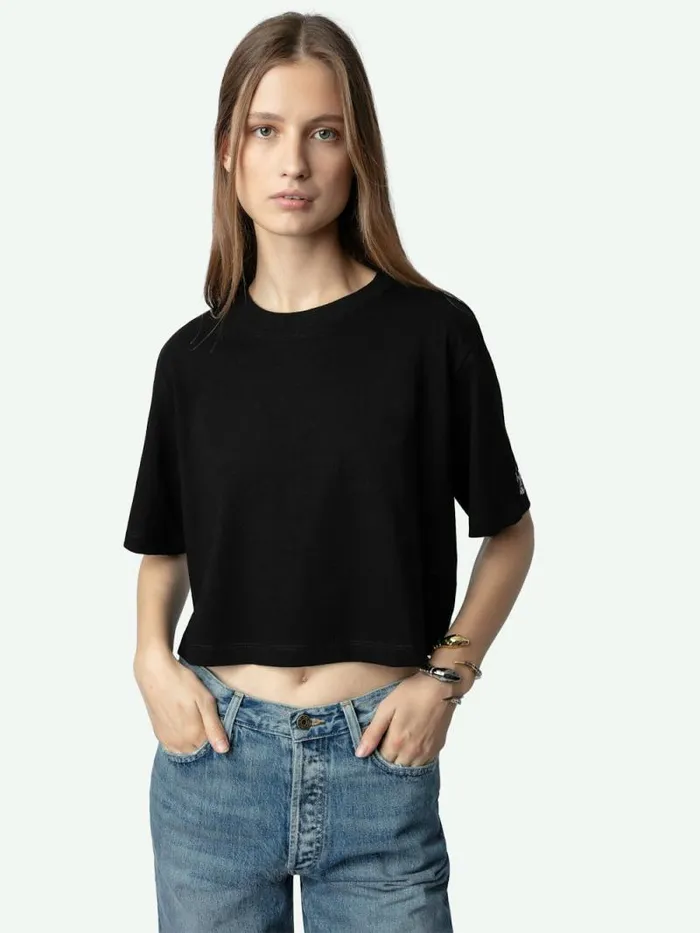 Women Zadig and Voltaire TShirts Lennox Cropped Tee Washed Black Women Zadig and Voltaire TShirts Lennox Cropped Tee Washed Black
