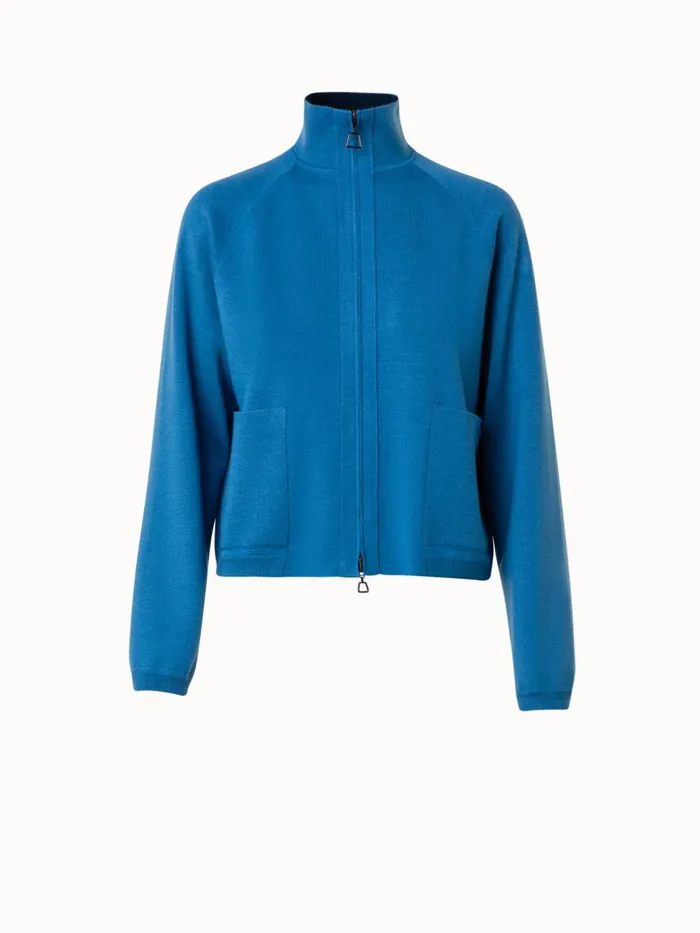 Wool Silk Stretch Knit DoubleFace Jacket Light Denimnavy Women Akris Knitwear