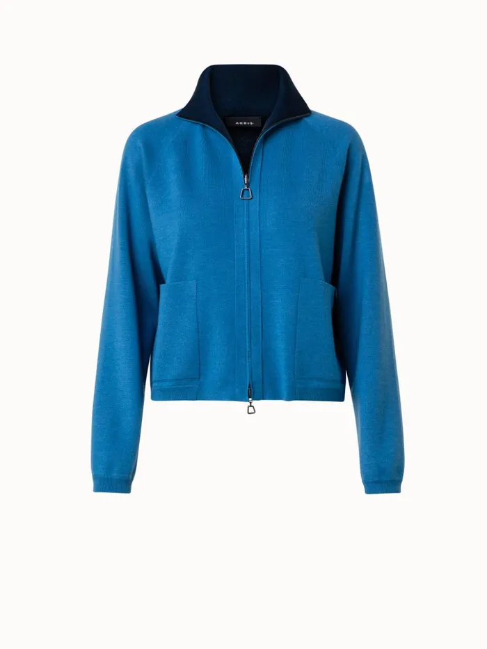 Wool Silk Stretch Knit DoubleFace Jacket Light Denimnavy Women Akris Knitwear